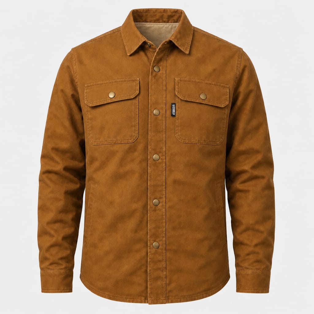 MOTO 181 Canvas Jacket i Desert Brown med kraftig canvas, sherpa lining og Klitmøller Rig Wear detaljer
