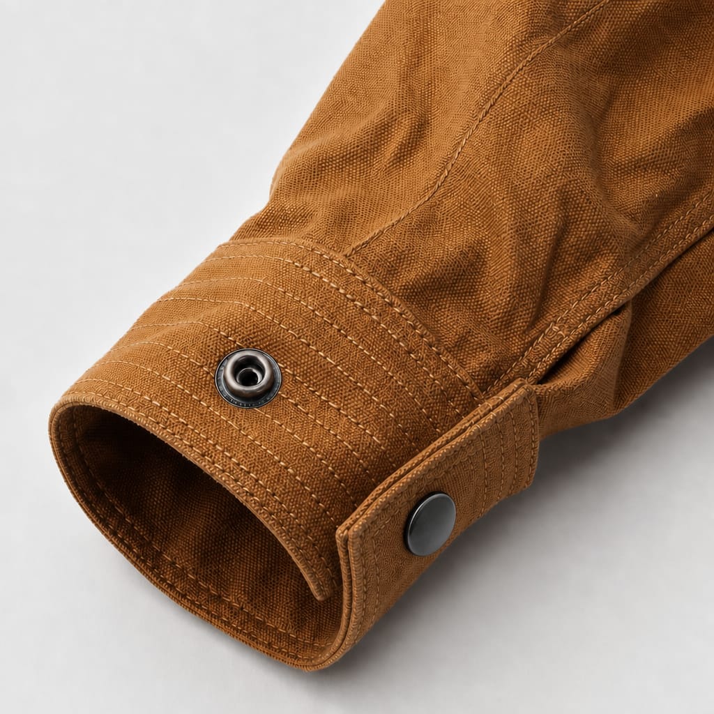 Syningsdetaljer og knaplukning ved håndled på MOTO 181 Canvas Jacket
